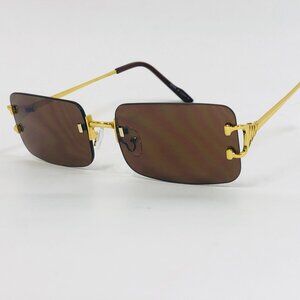 Men Sunglasses Dark Brown Lens Rimless Luxury Retro Shades Gold Metal Lentes New